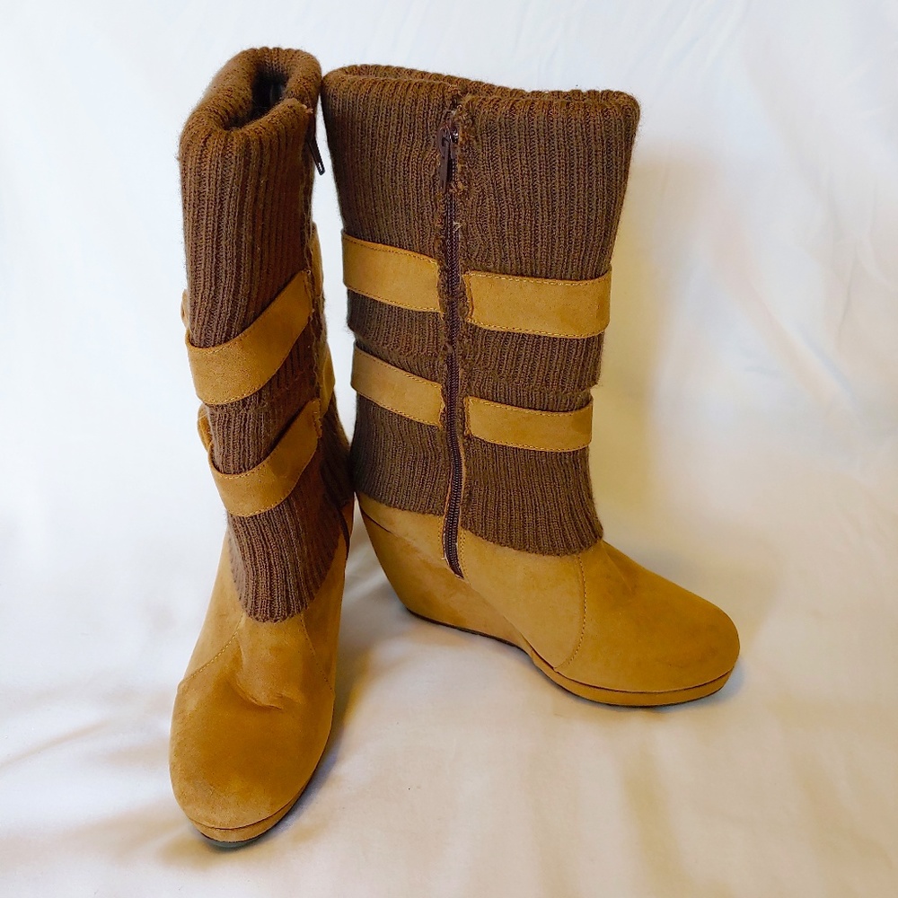 Brown and Tan Suede Winter Boots with Wedge Heel